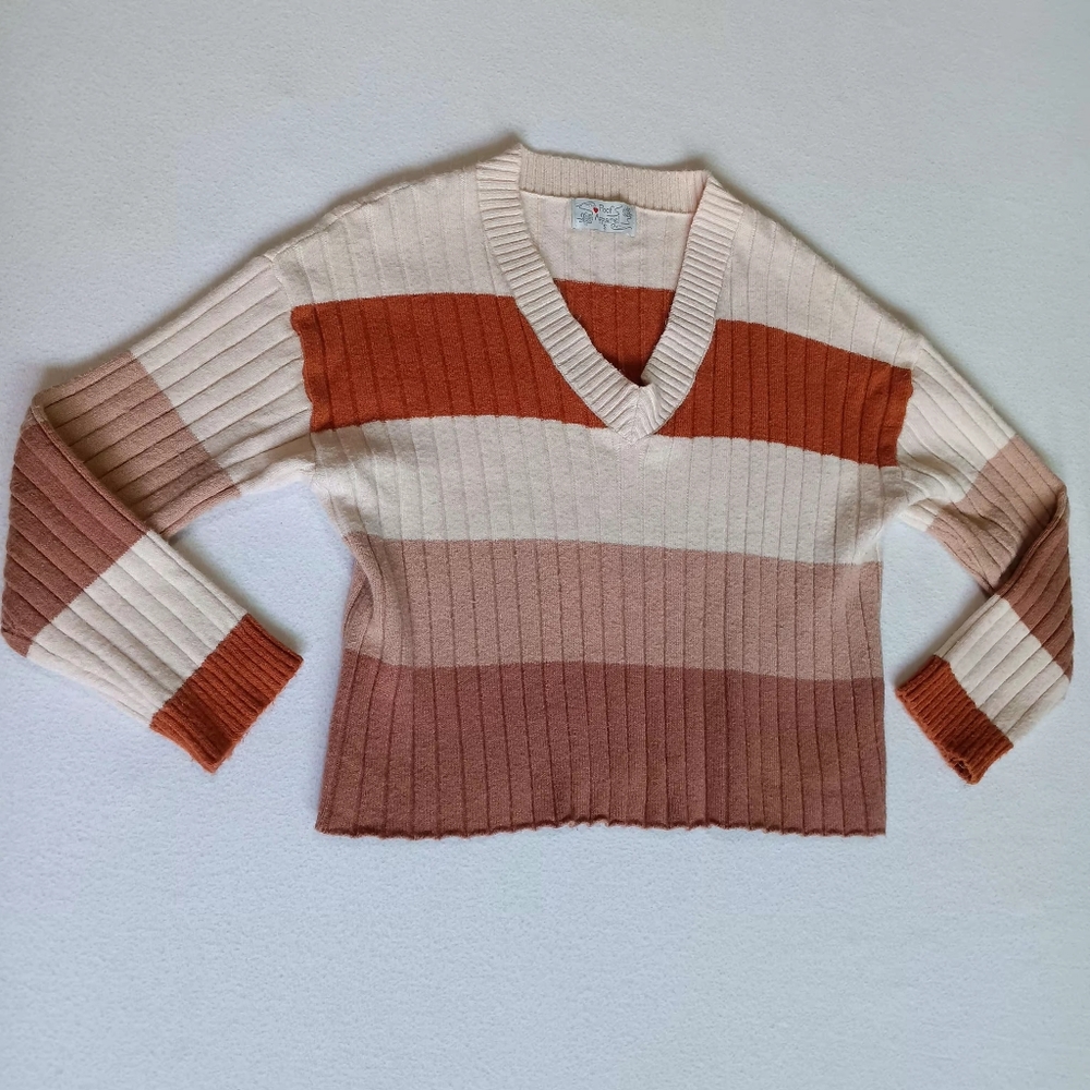 Poof Apparel Earthy Block Stripe Cropped Sweater V-Neck Size Small Boho Fall